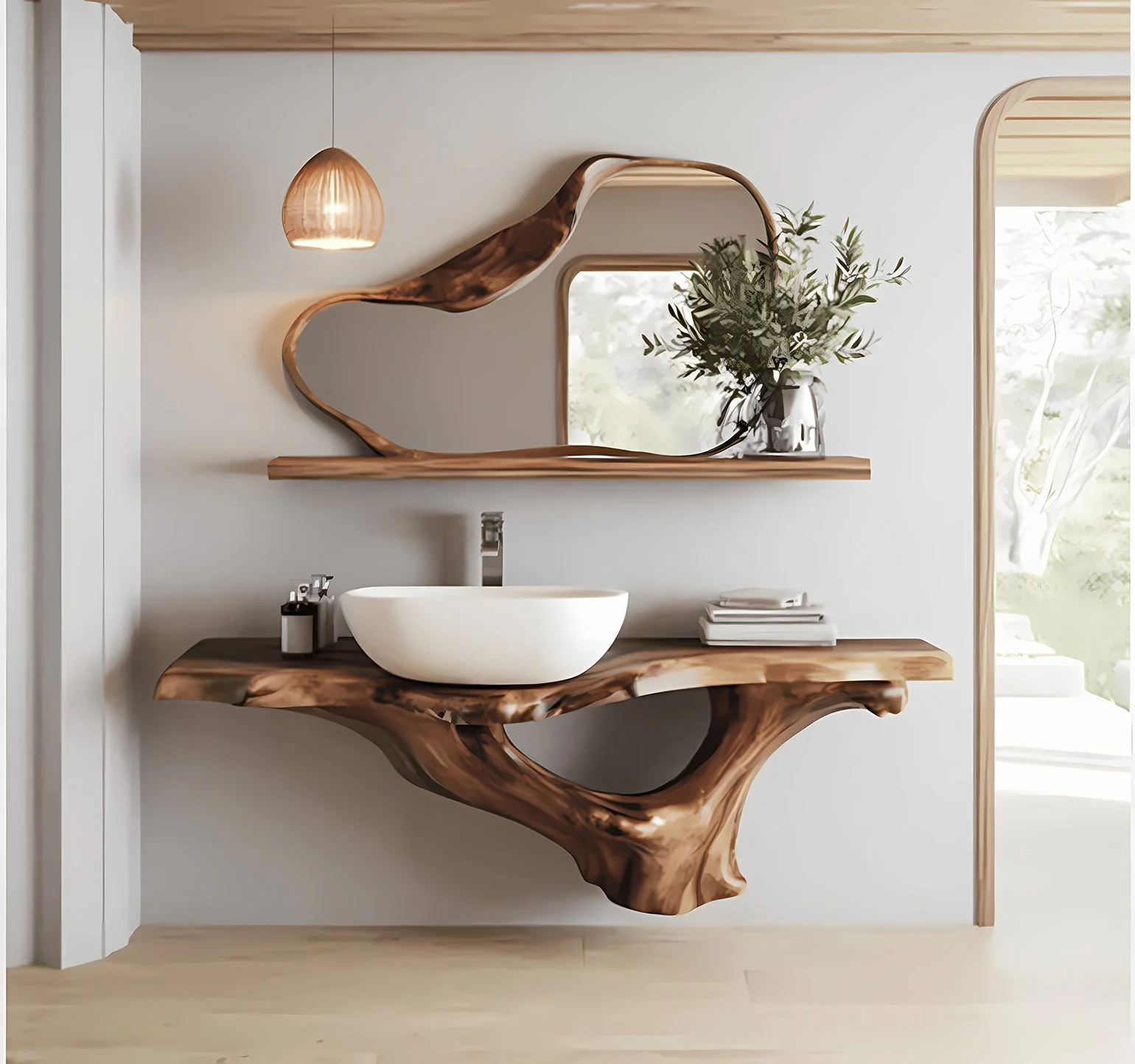 Massief Houten Zwevend Badkamermeubel – Live Edge Badkamerconsole