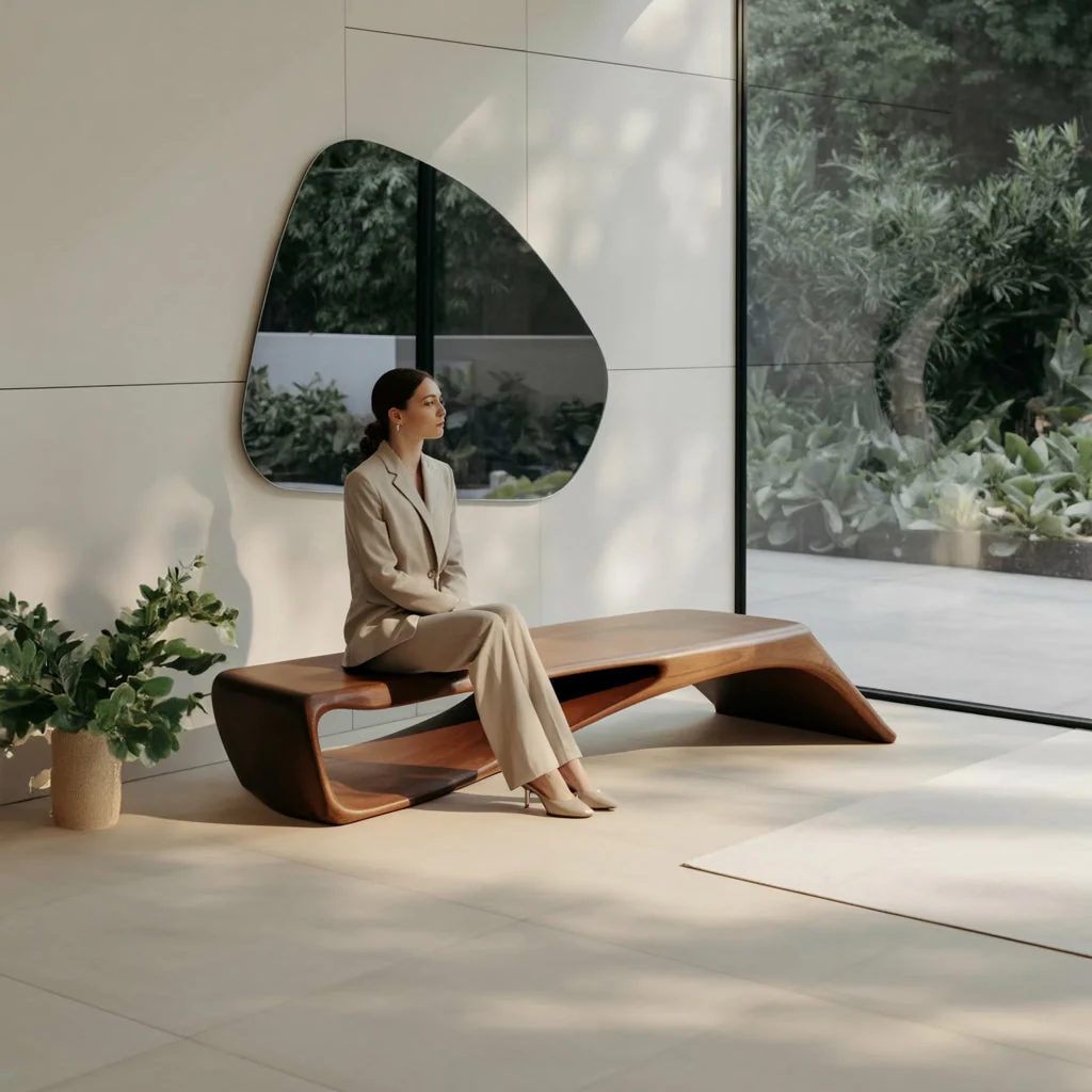Sculpturaal Handgemaakt Bankje – Vloeiende Gebogen Vorm, Minimalistisch Accentmeubel