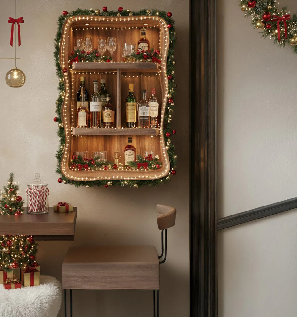 Kerst Wandbarplank – Handgemaakte Live Edge Houten Zwevende Plank