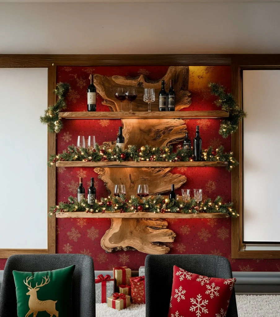Kerst Live Edge Wandbarplank – Rustieke Massief Houten Zwevende Plank