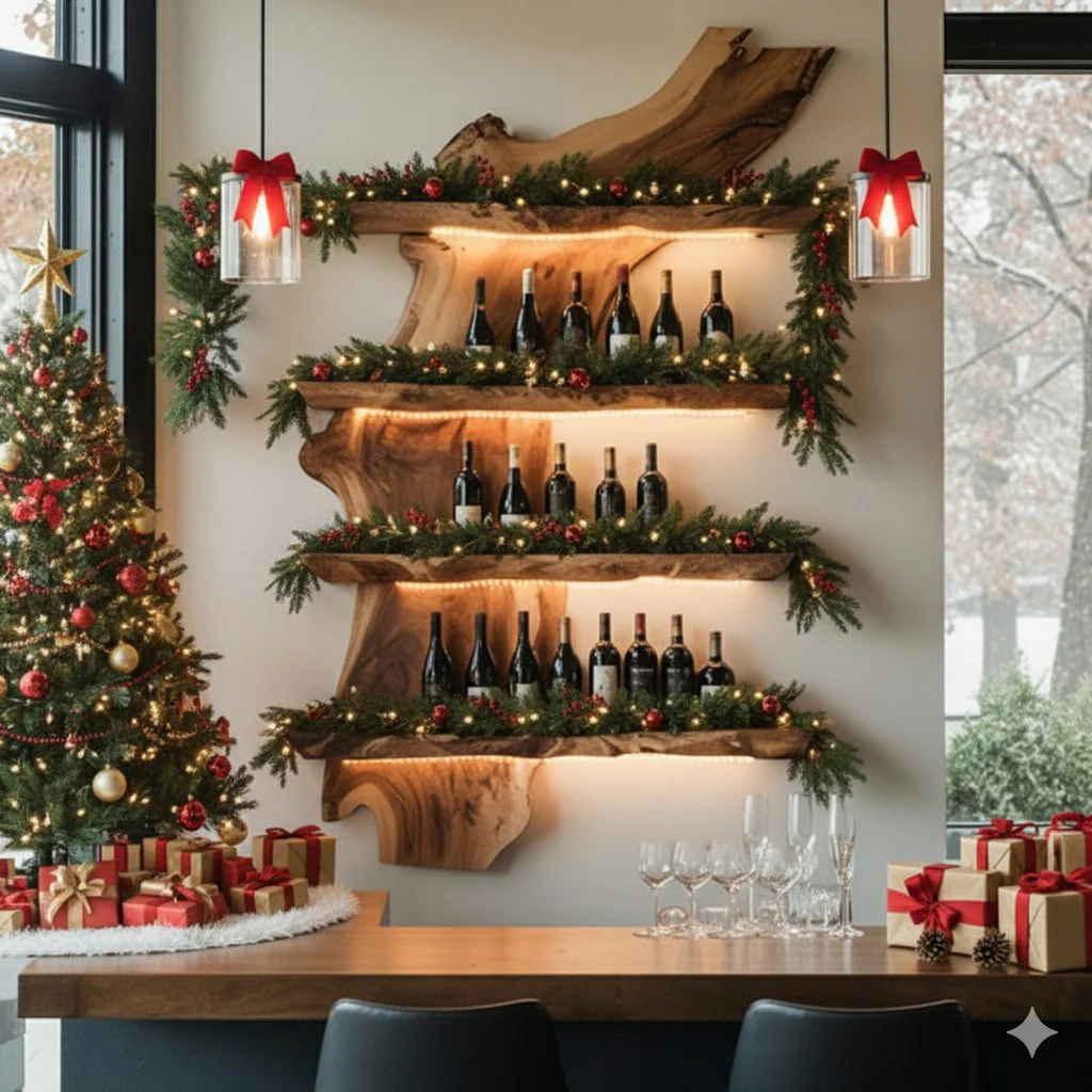 Kerst Handgemaakt Live Edge Houten Wijnrek – Rustieke Wandplank