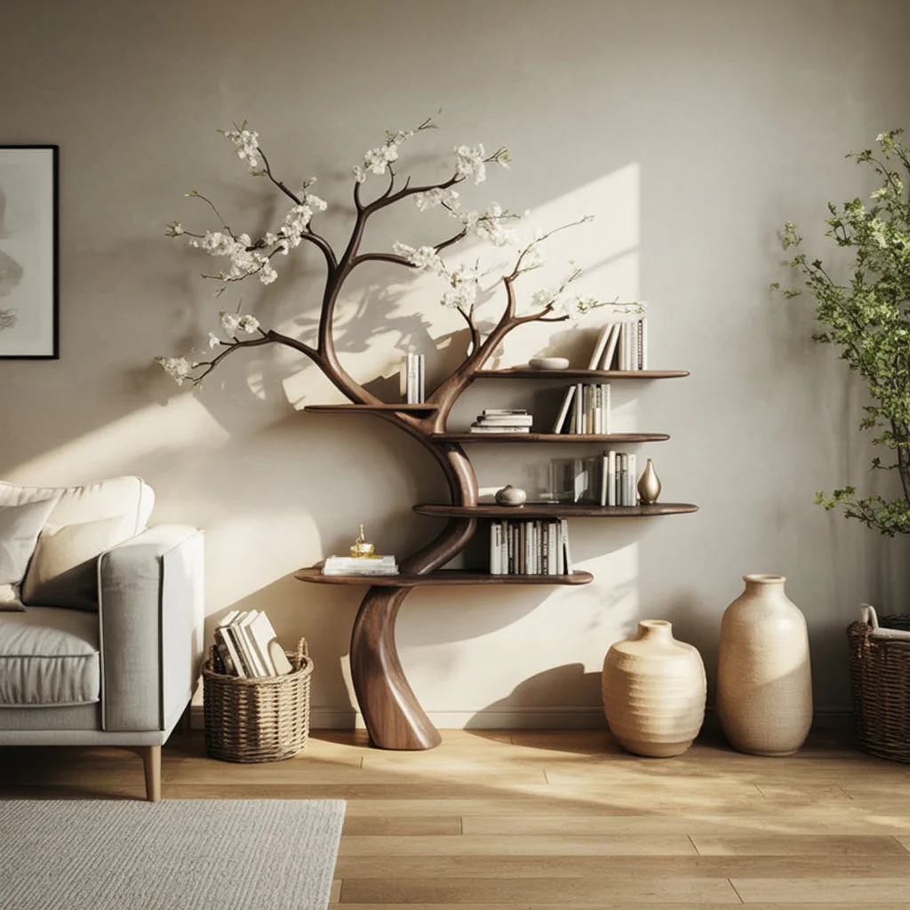 Bloemen Takken Boekenkast – Artistieke Massief Houten Displayplank voor de Woonkamer