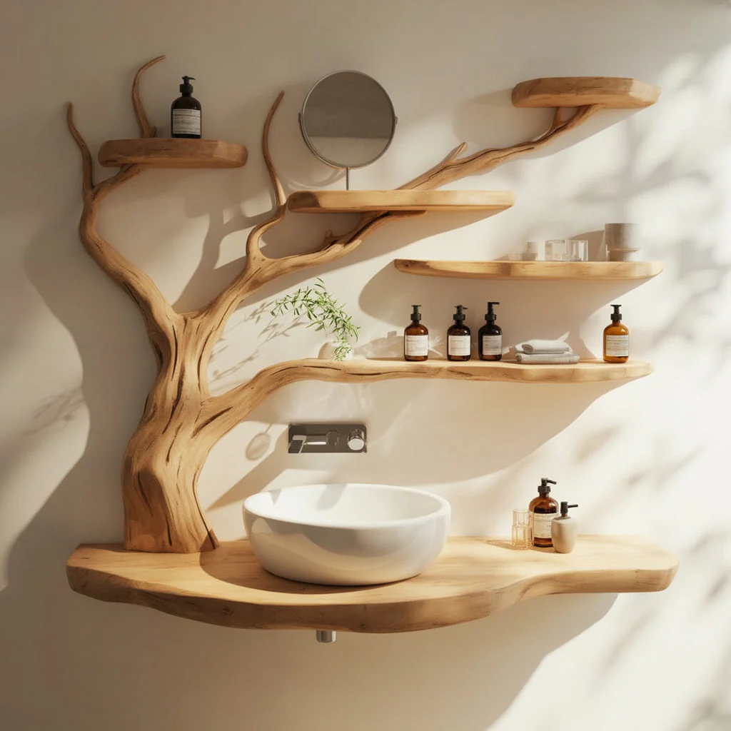 Live Edge Houten Badkamermeubel met Takkenplanken – Handgemaakte Natuurlijke Wastafelconsole