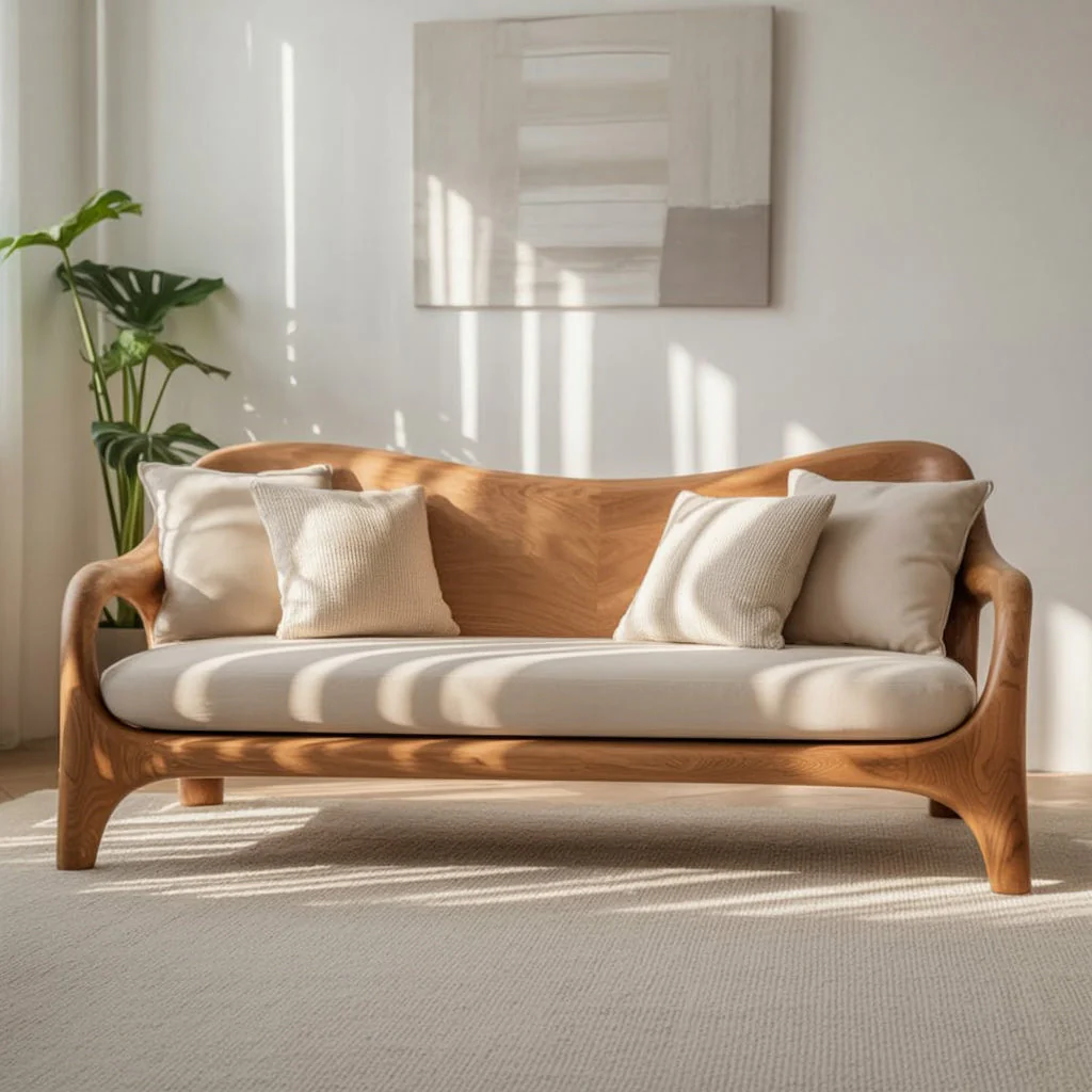 Handgemaakte Massief Houten Sofa – Modern Organisch Gebogen Designbank