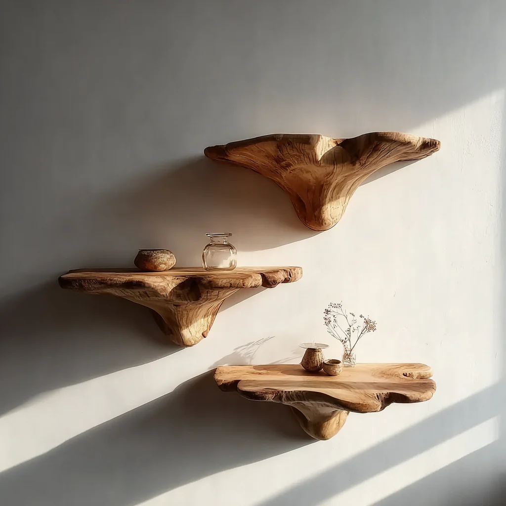 Massief Houten Zwevende Wandplank – Organische Sculpturale Houten Displayplank