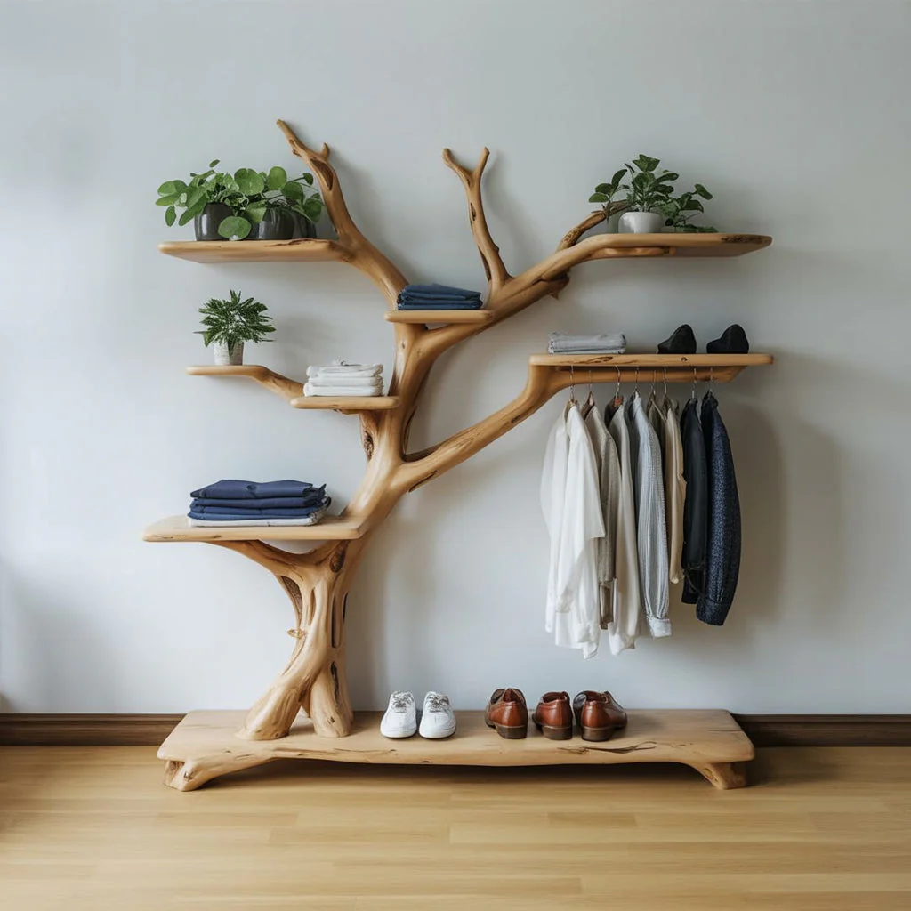 Handgemaakte Boom Kapstok Met Schoenenrek – Decoratieve Staander