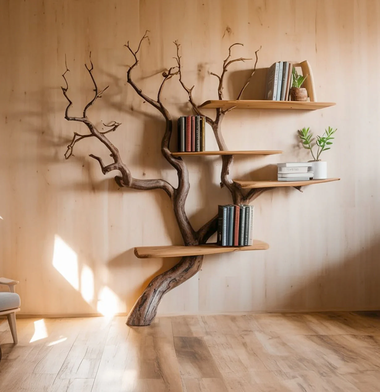 Live-Edge Wandboekenkast van Boomtakken – Sculpturale Opbergoplossing van Natuurlijk Massief Hout