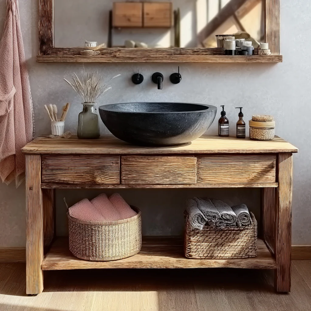 Rustieke Handgemaakte Houten Badkamermeubel – Live Edge Massief Houten Kast & Tafelblad