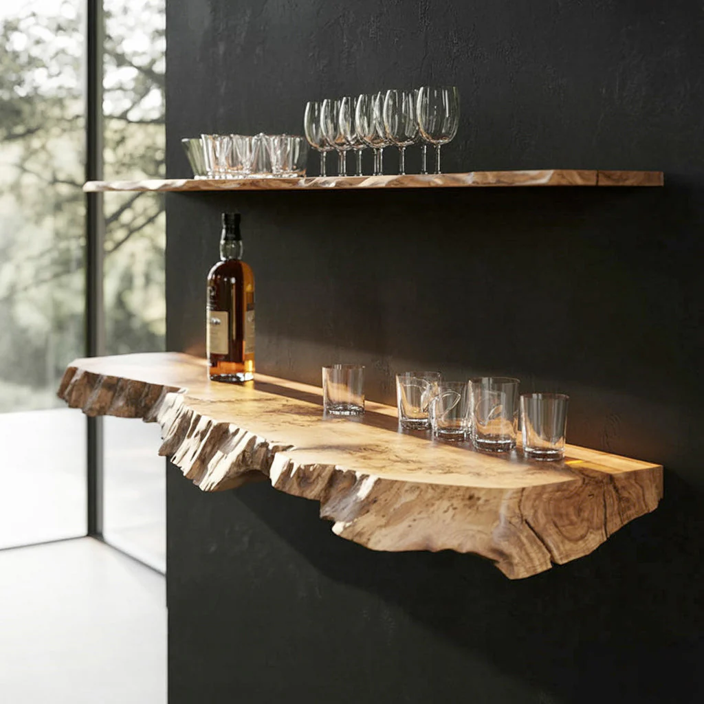Live Edge Zwevende Barplank van Massief Hout – Voor Glazen & Flessen