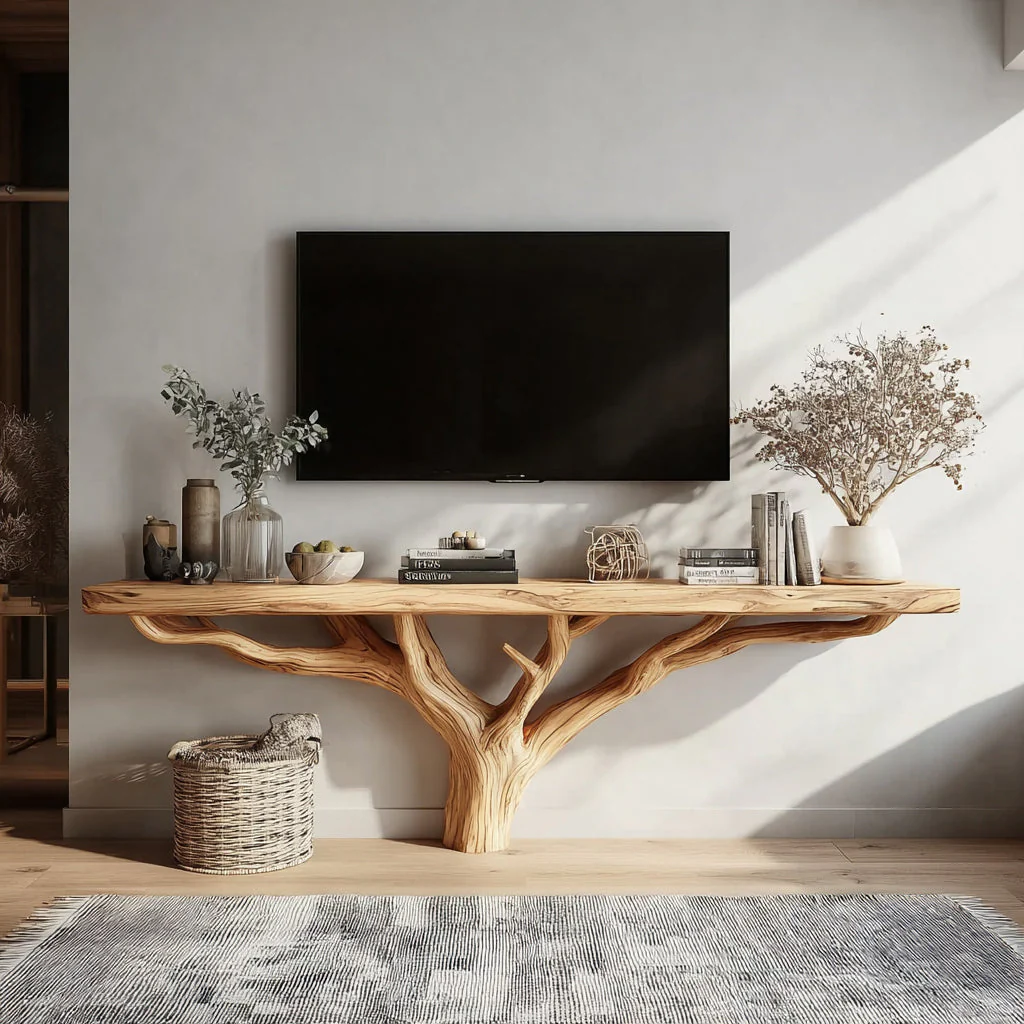 Handgemaakt Rustiek Live-Edge TV-Meubel – Massief Houten Boomplank Mediakast en Boekenkast