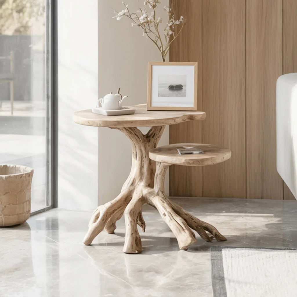 Handgemaakte Massief Houten Bijzettafel met Twee Niveaus – Sculpturale Takkenbasis