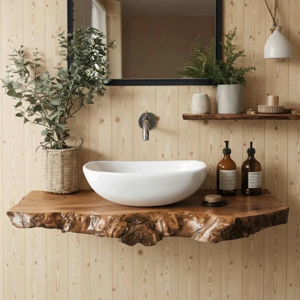 Handgemaakte Rustieke Zwevende Wandplank – Live-Edge Houten Meubel