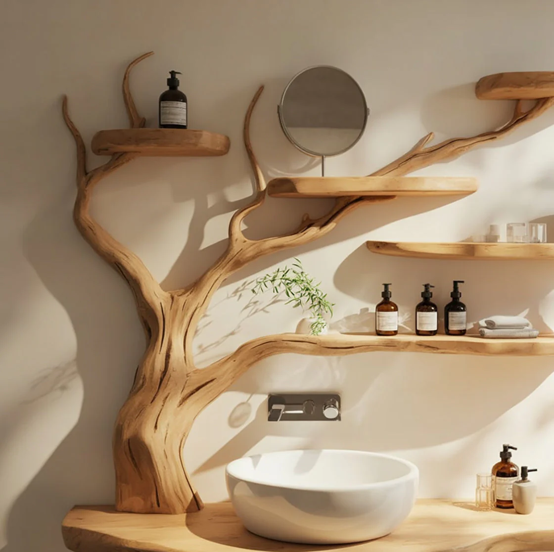 Live Edge Houten Badkamermeubel met Takkenplanken – Handgemaakte Natuurlijke Wastafelconsole - Afbeelding 2