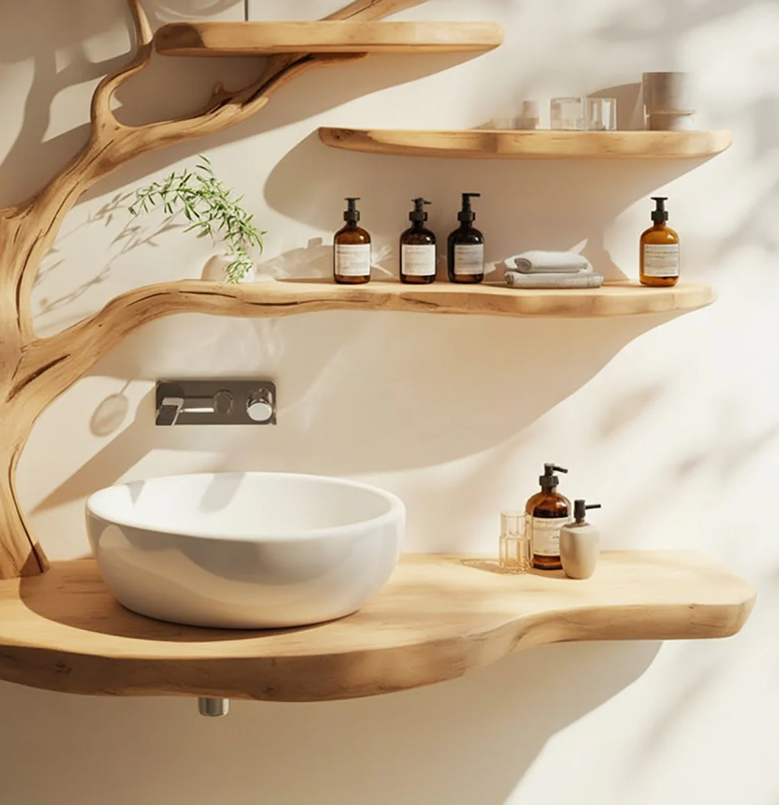 Live Edge Houten Badkamermeubel met Takkenplanken – Handgemaakte Natuurlijke Wastafelconsole - Afbeelding 3