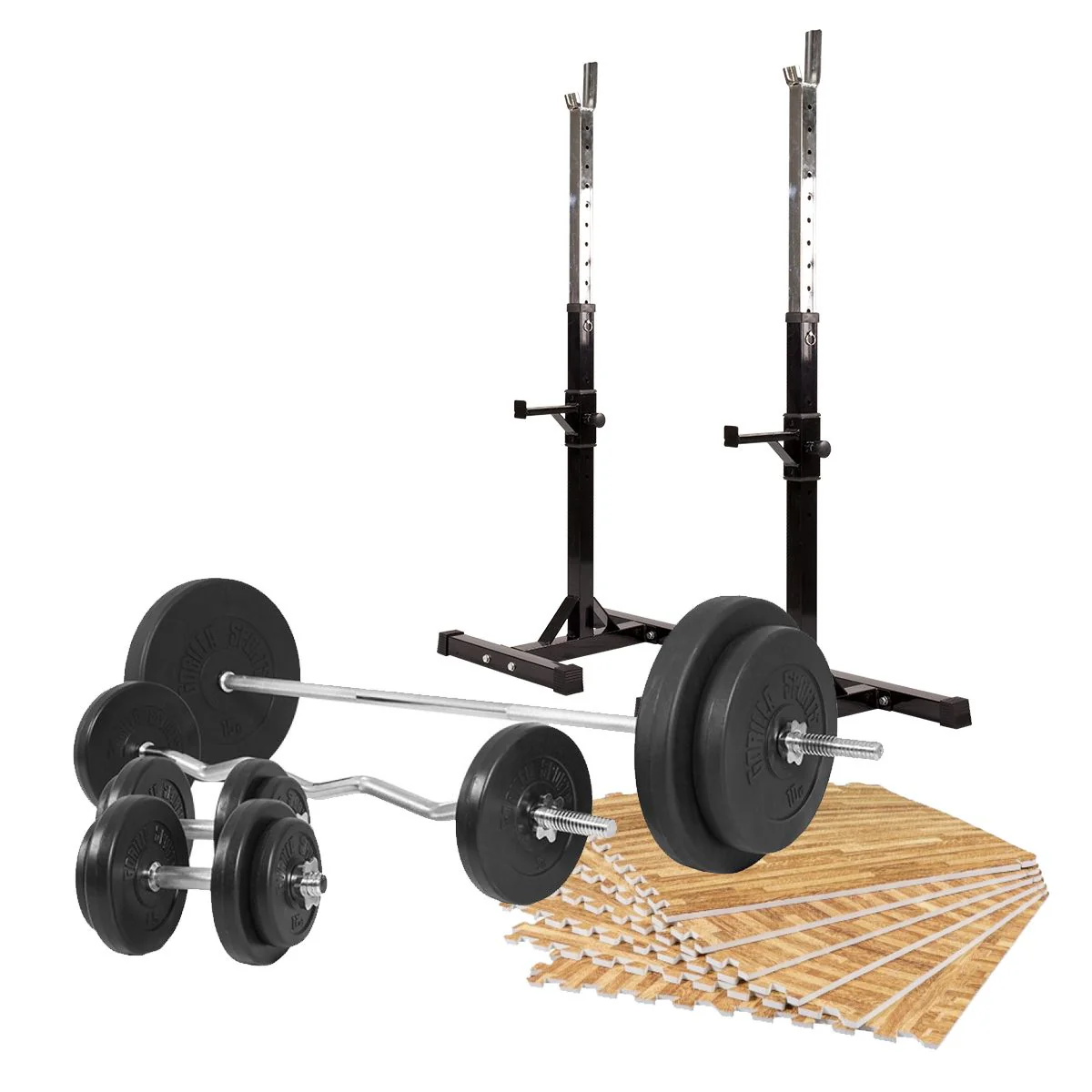 Squat- en bankdruksteunen Incl. halterset 100 kg en vloermatten