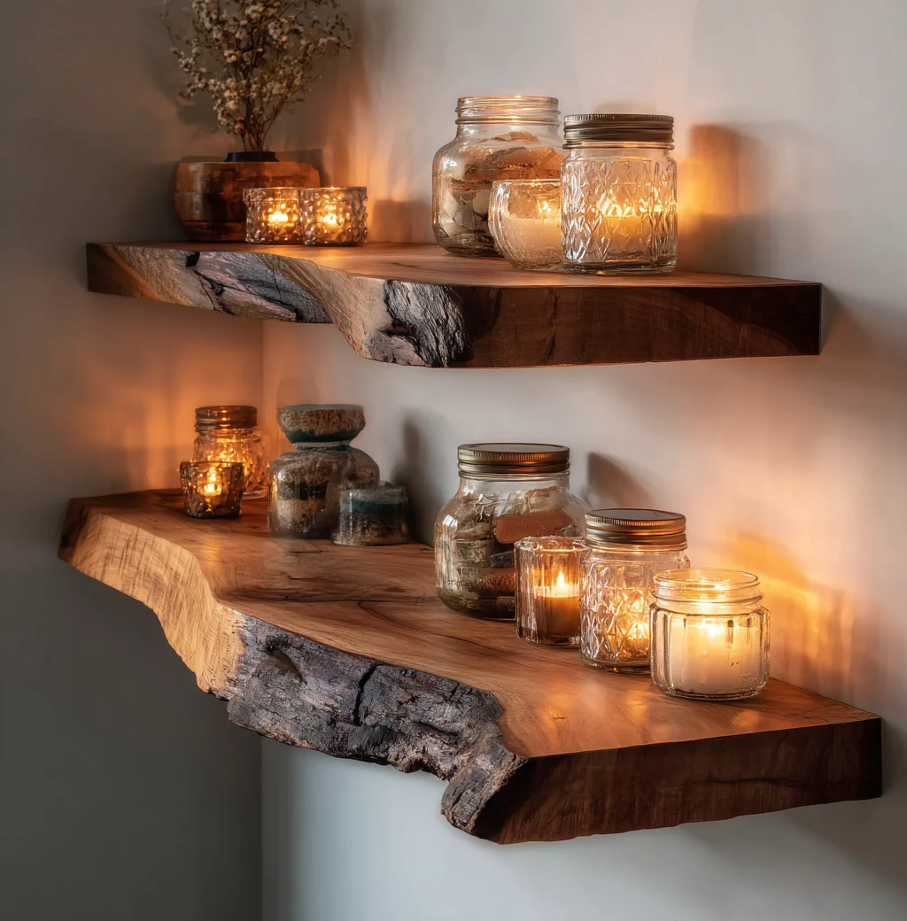Ambachtelijke Live Edge Hoekplank van Massief Hout – Sfeervol Interieur