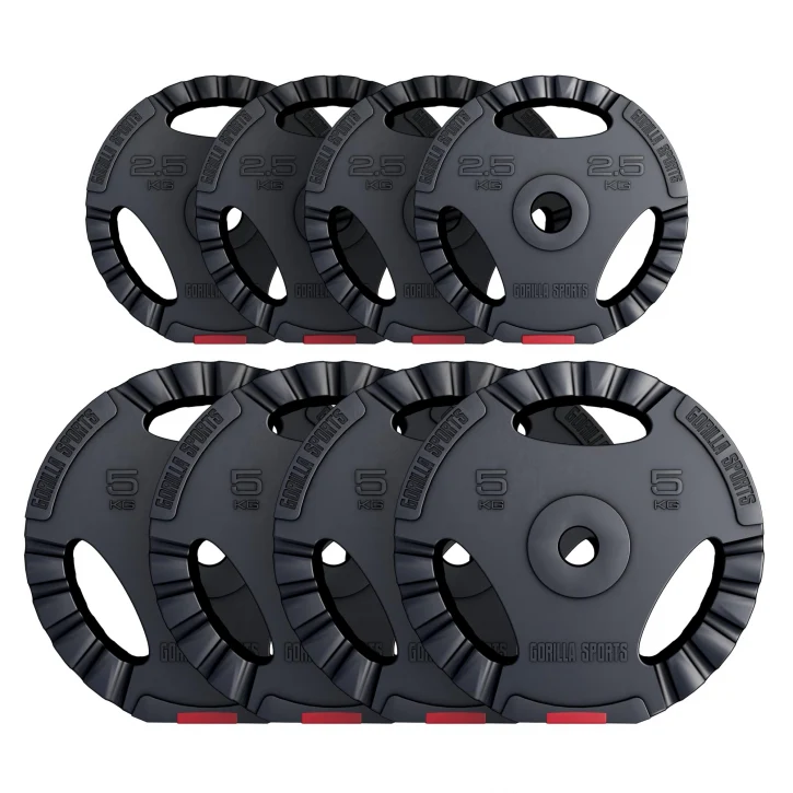 Voordeelbundel 30 kg (4 x 5 kg en 4 x 2,5 kg) halterschijven Gripper Kunststof – 30/31 mm