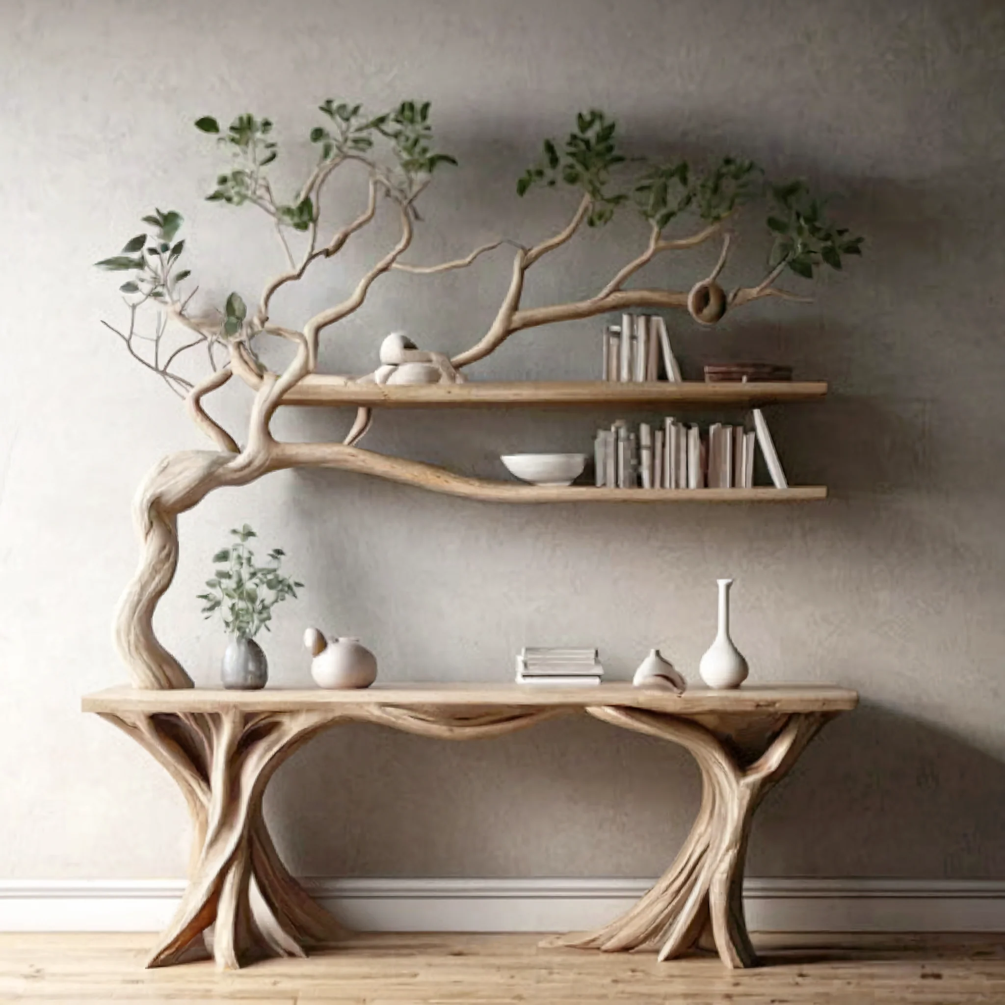 Handgemaakte Rustieke Console Tafel met Boomtak Boekenkast – Live Edge Boerderijstijl Haltafel van Natuurhout