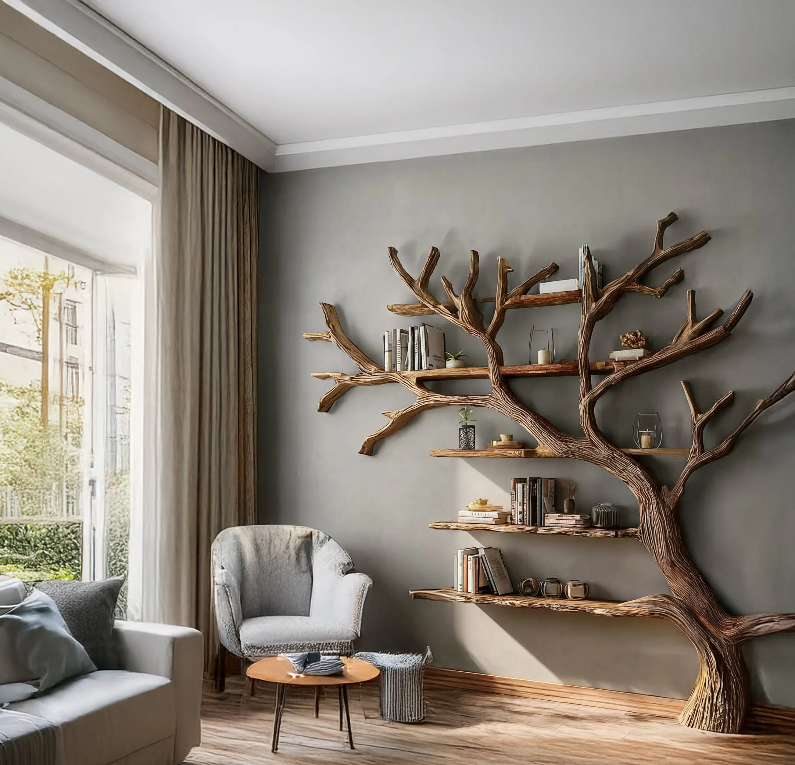 Massief Driftwood Wandboekenkast – Rustieke Farmhouse Zwevende Boomtak Plank