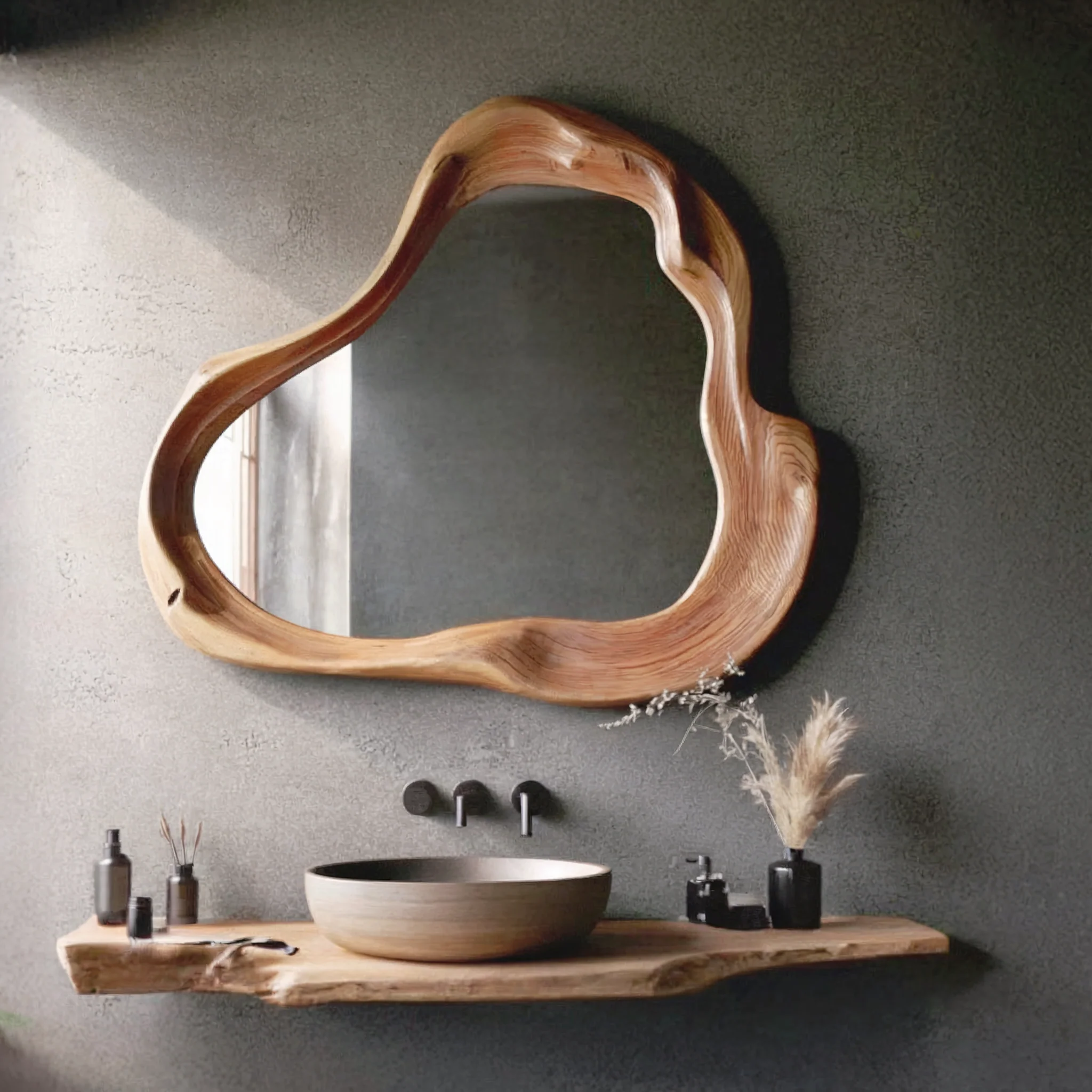 Asymmetrische Houten Spiegel – Handgemaakt Farmhouse Design