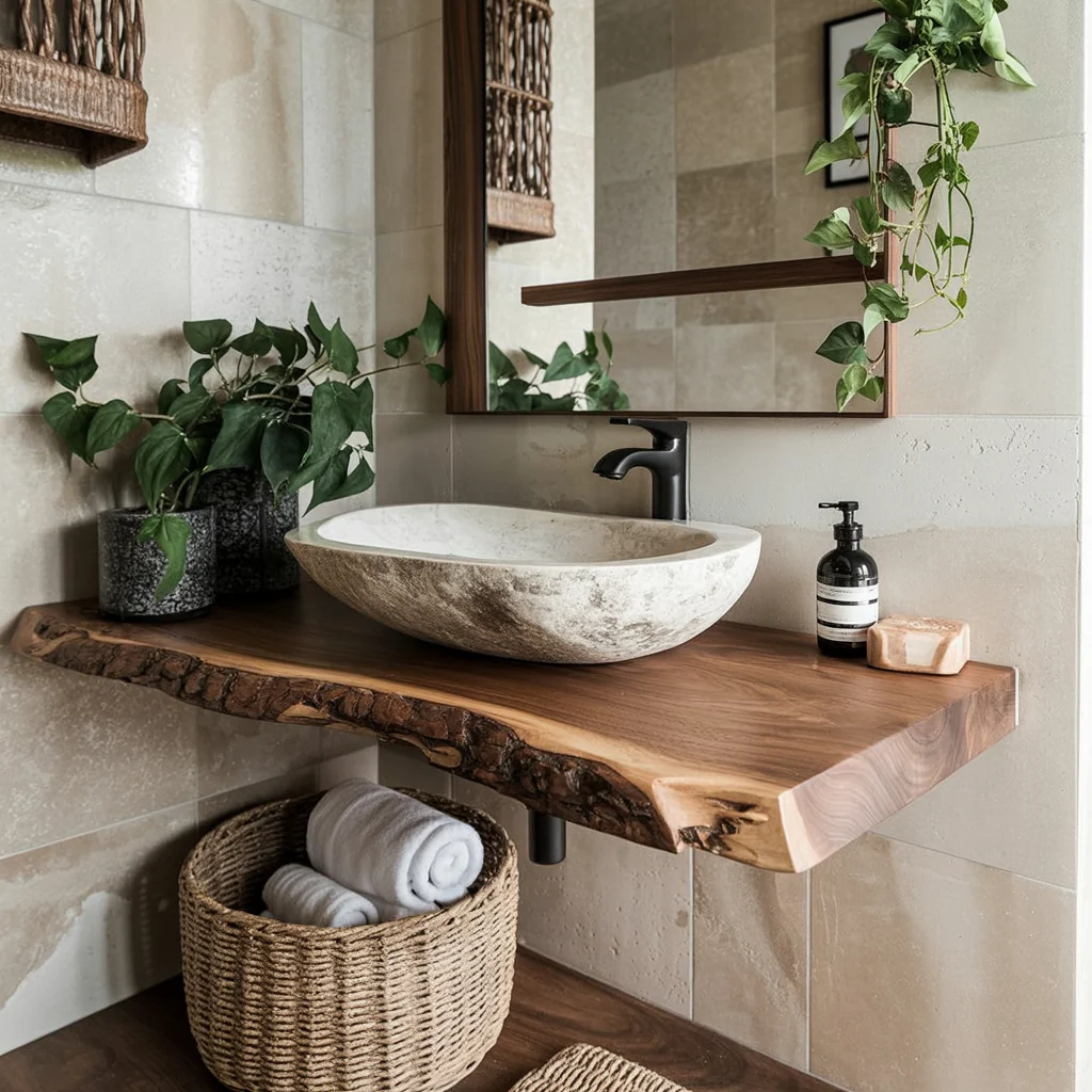 Gerecyclede Houten Live-Edge Hoekplank – Handgemaakt Rustiek Wandrek voor Badkamer