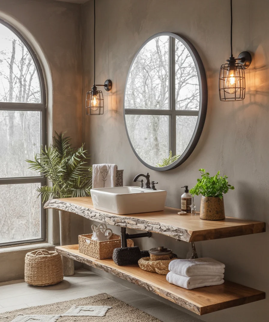 Handgemaakte Hoek Badkamerplank van Gerecycled Hout – Live Edge Wastafelplank met Rustieke Wandbeugels