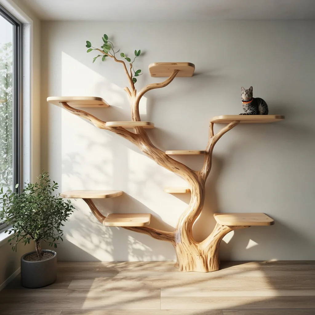 Rustieke Massief Houten Kattentoren – Handgemaakt Natuurlijk Kattenmeubel, Bed & Speelstand