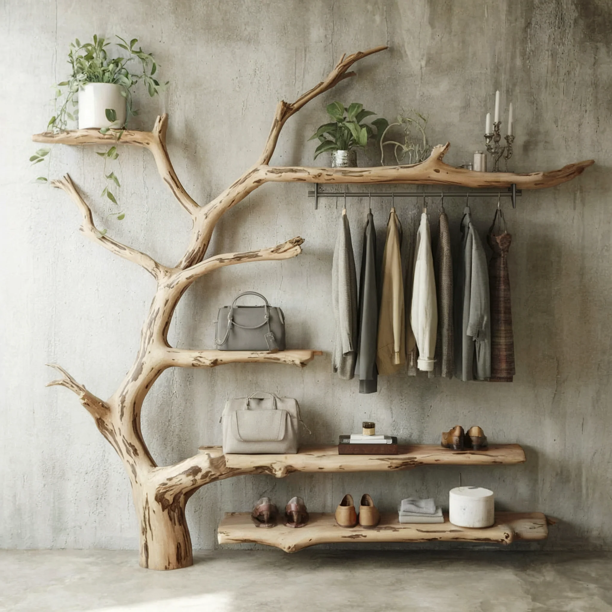 Massief Houten Wandkapstok met Plank – Handgemaakte Decoratieve Kapstok met Haken voor Entree en Schoenen