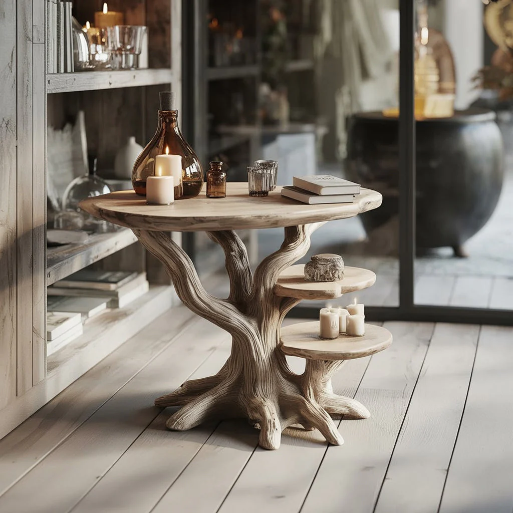 Handgemaakte Massief Houten Bijzettafel met Boomvoet – Rustiek Design