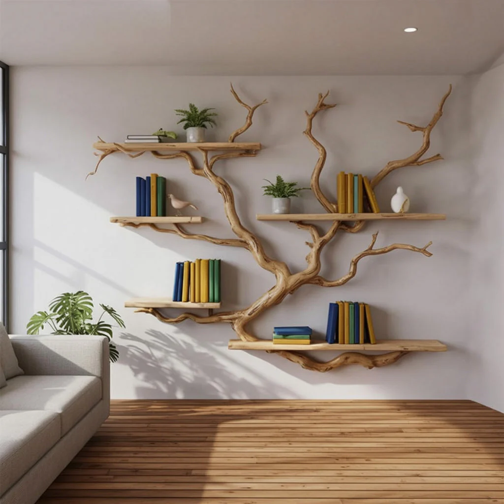 Handgemaakte Boomvormige Boekenplank – Sculpturale Houten Wandboekenplank