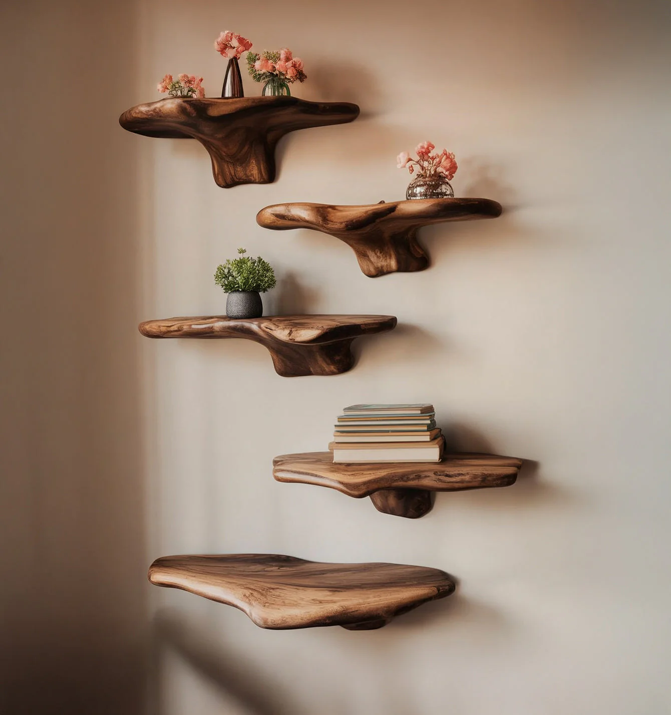 Handgemaakte Organische Houten Zwevende Wandplanken – Live Edge Massief Hout
