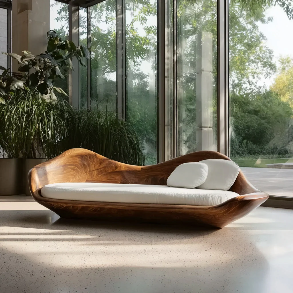 Elegante Moderne Houten Bank – Sculpturaal Massief Houten Frame, Uniek Design voor Woonkamer als Statement Meubel
