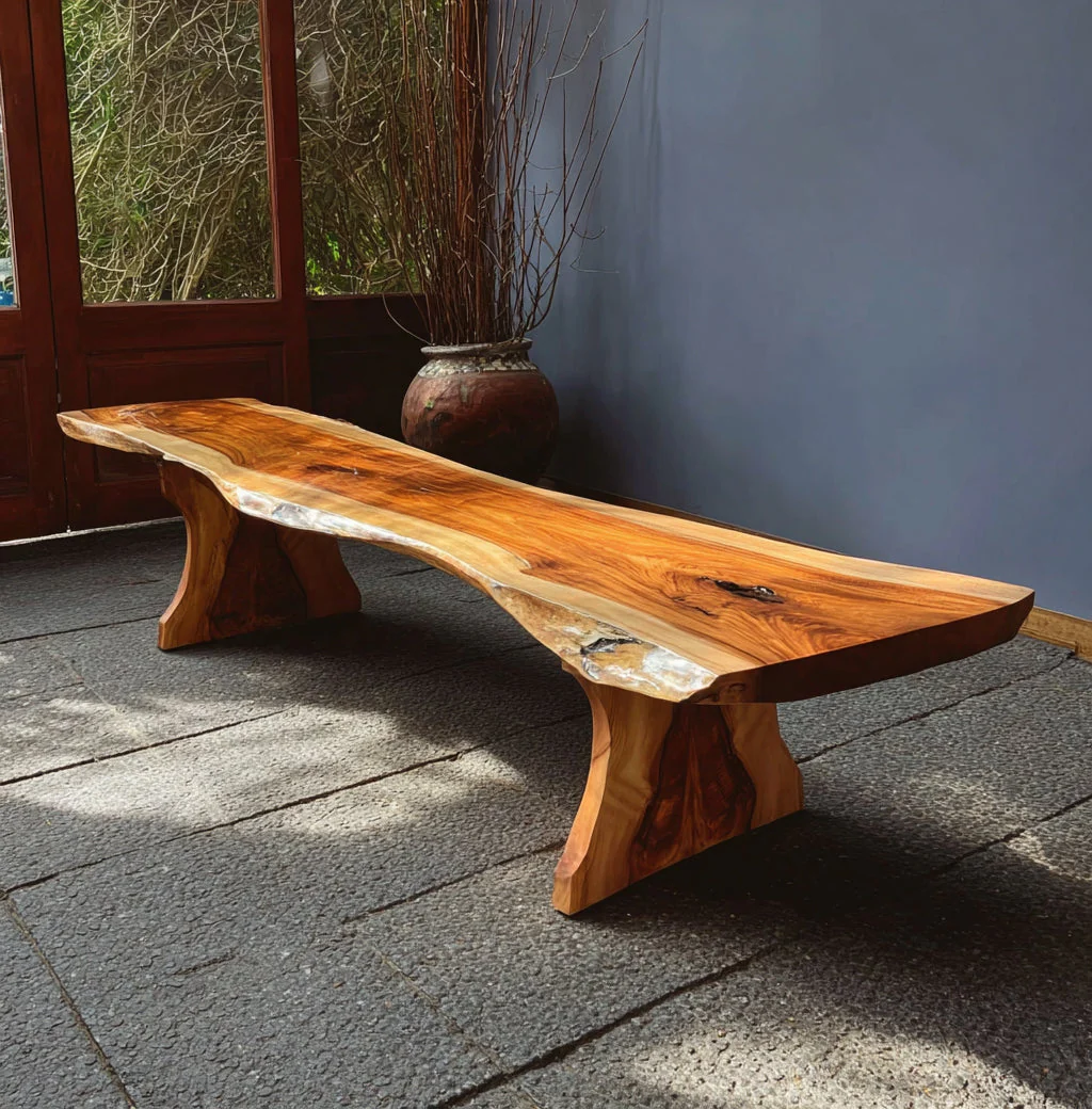 Handgemaakte Moderne Houten Bank met Sculpturaal Live Edge Design