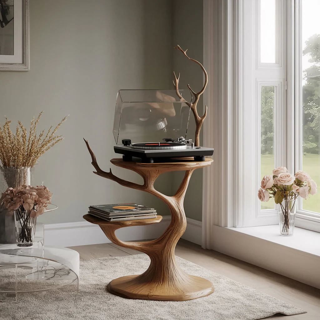 Handgemaakte Platenspelerstandaard van Massief Hout – Sculpturaal