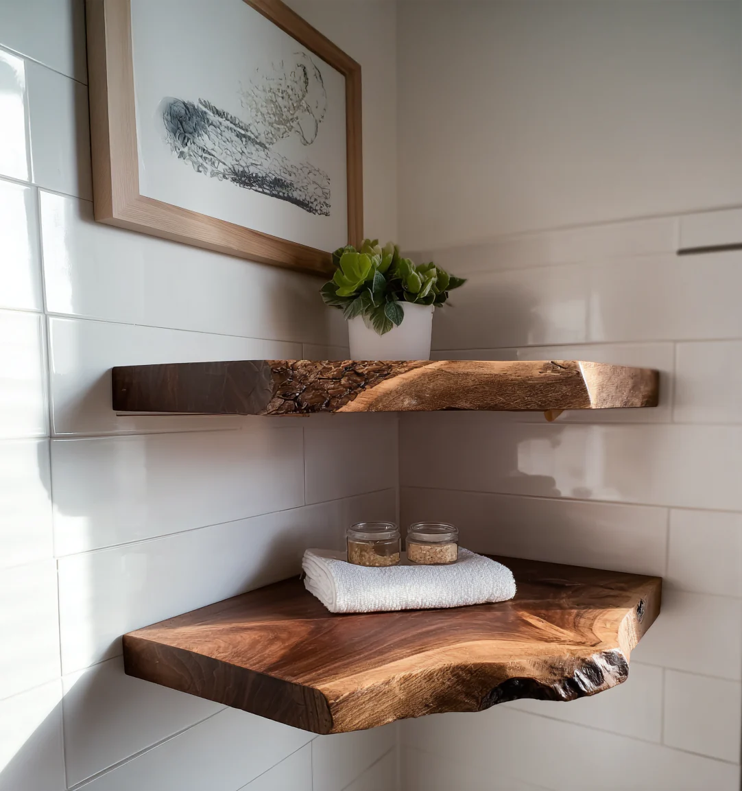 Hoekplank van Walnoot – Zwevend Live Edge, Handgemaakt Kerstgeschenk