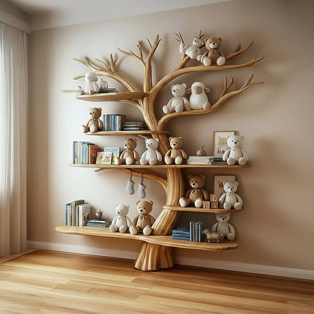 Boom Boekenkast Kinderkamer – Handgemaakte Houten Wandplank
