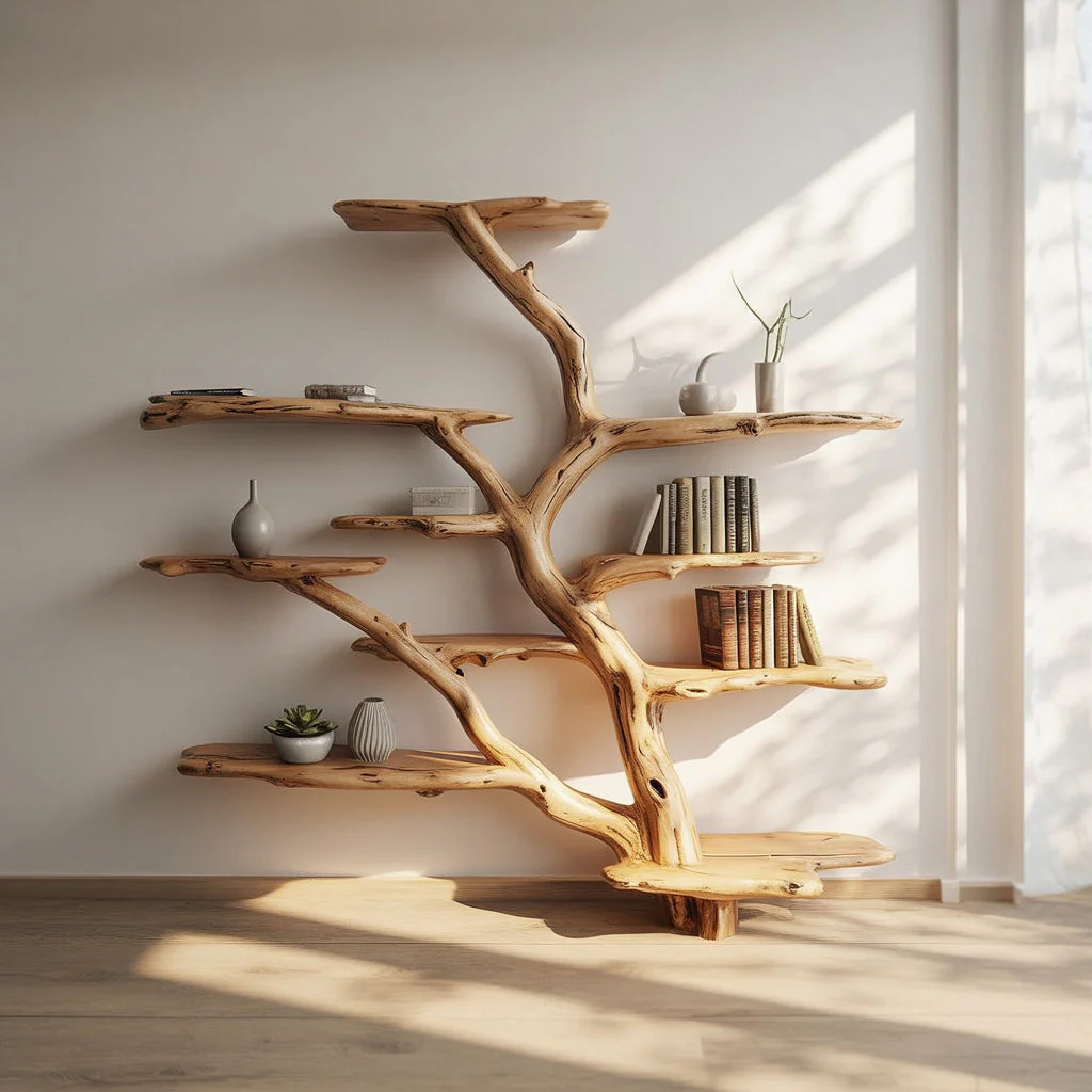 Handgemaakte Boom Boekenplank – Live Edge Houten Wanddecoratie