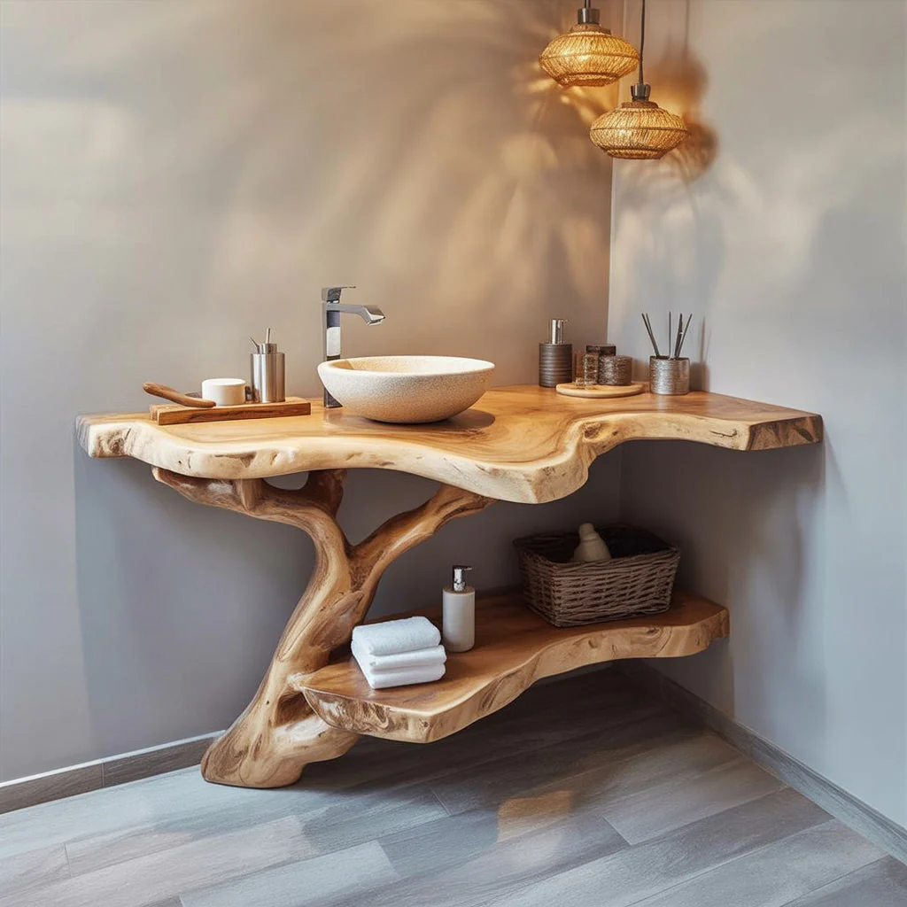 Handgemaakte Badkamermeubel van Massief Hout met Live Edge & Boomvoet
