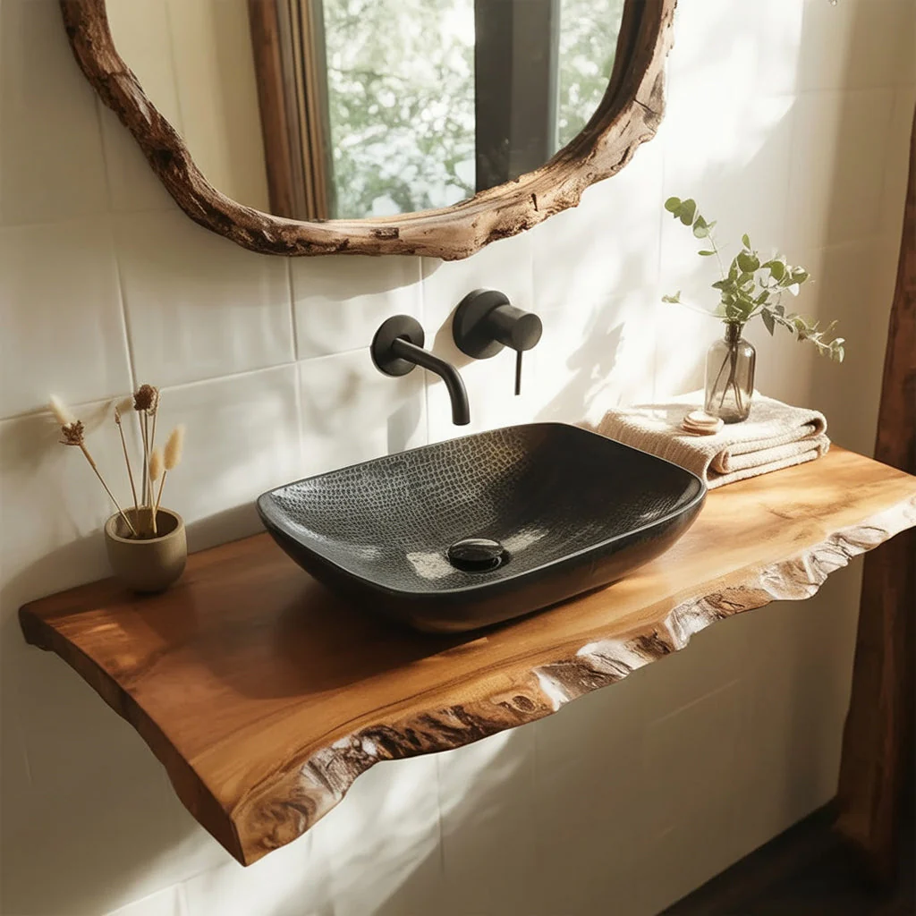 Live Edge Houten Badkamermeubel – Handgemaakt Massief Houten Natuur Wastafelblad