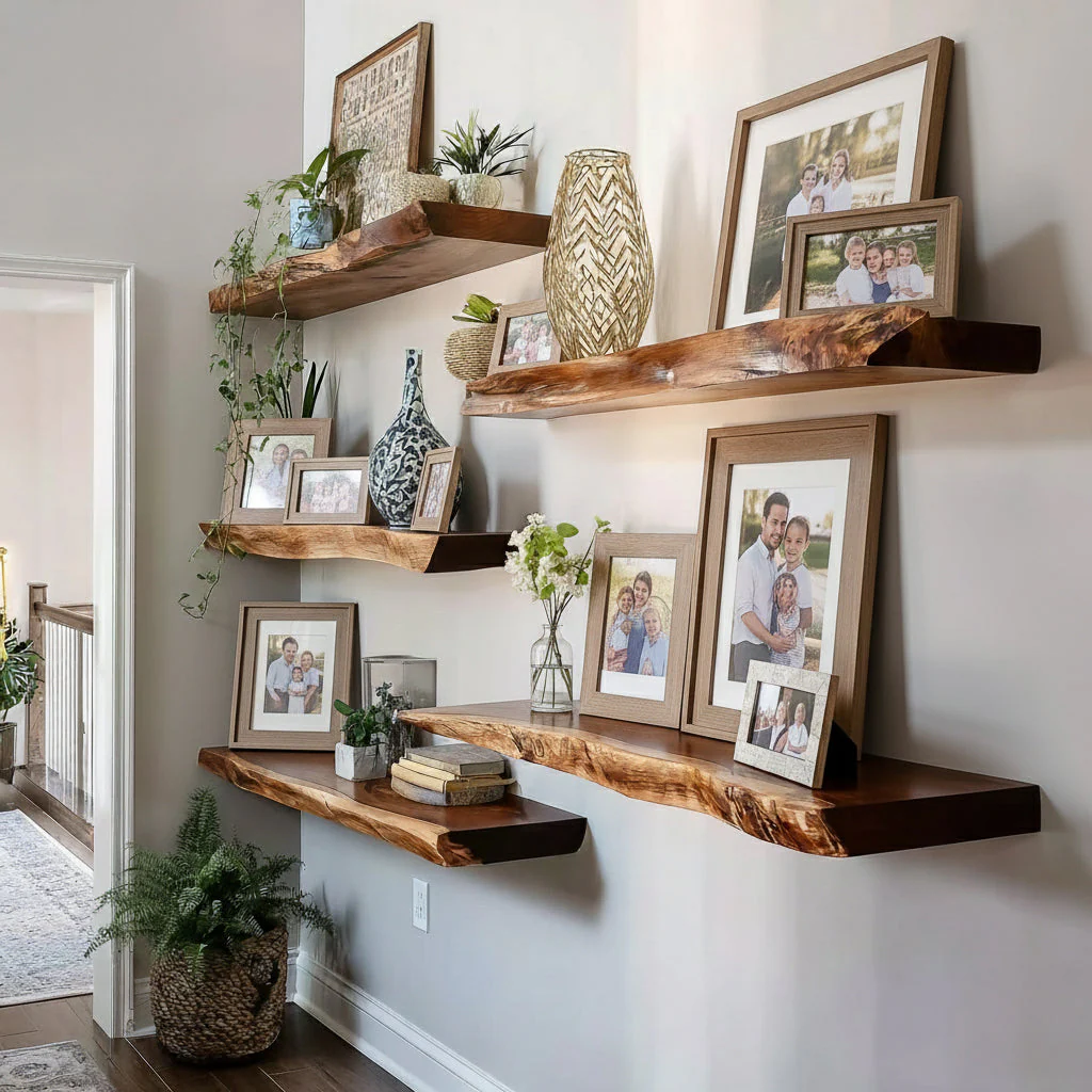 Handgemaakte Live Edge Massief Houten Zwevende Planken – Gekerfde Golvende Wanddecoratie