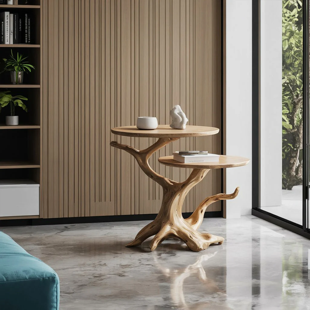 Rustieke Massief Houten Bijzettafel met Natuur-Geïnspireerd Boomdesign