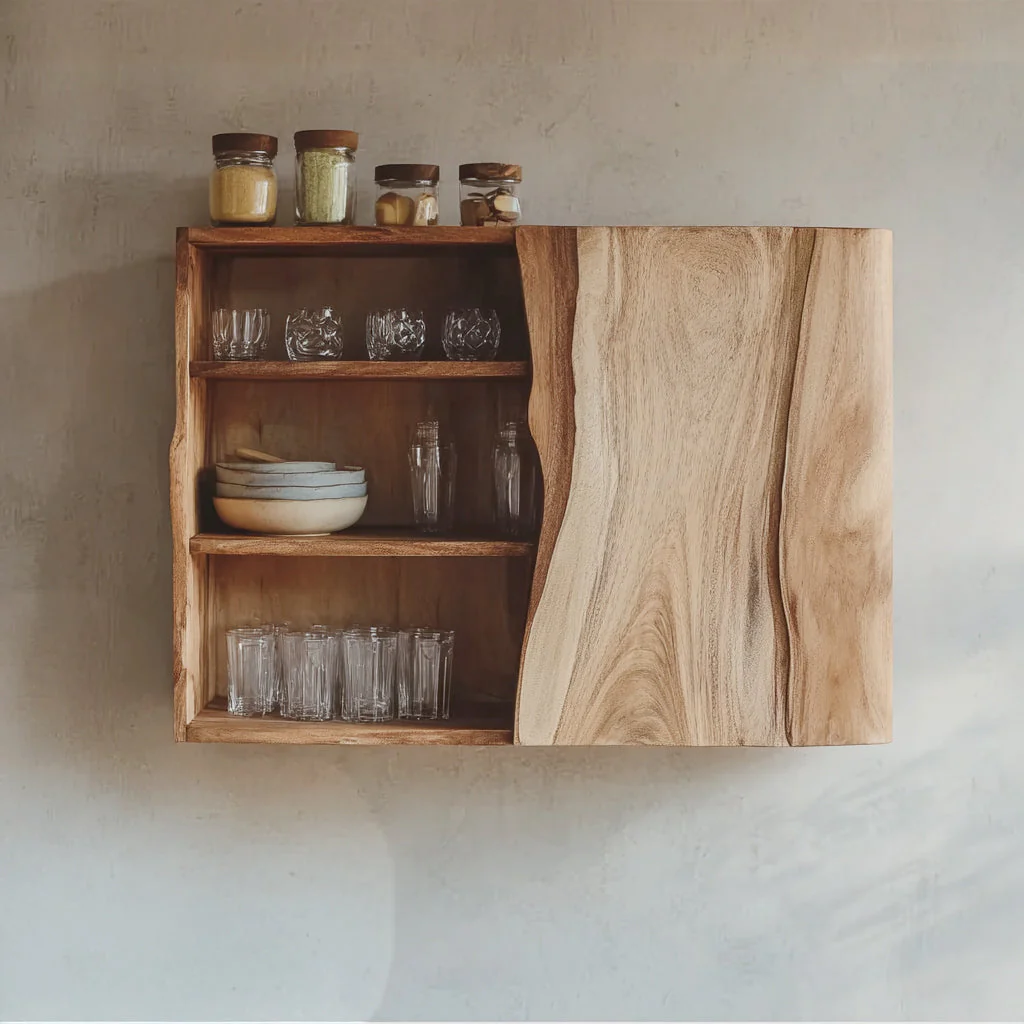 Handgemaakte Massiefhouten Wandkast met Live Edge Deur – Rustieke Keuken Opbergplank