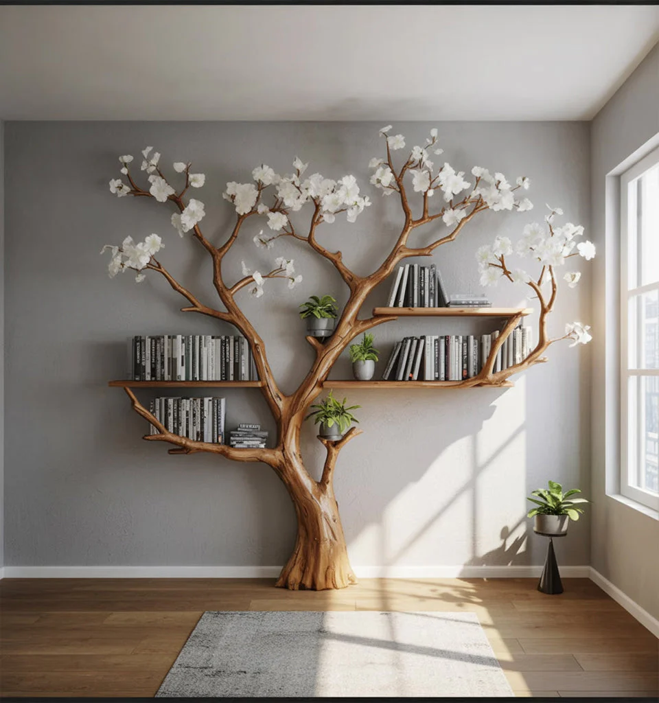 Bloeiende Boom Boekenkast – Handgemaakte Houten Wandplank met Witte Bloemen