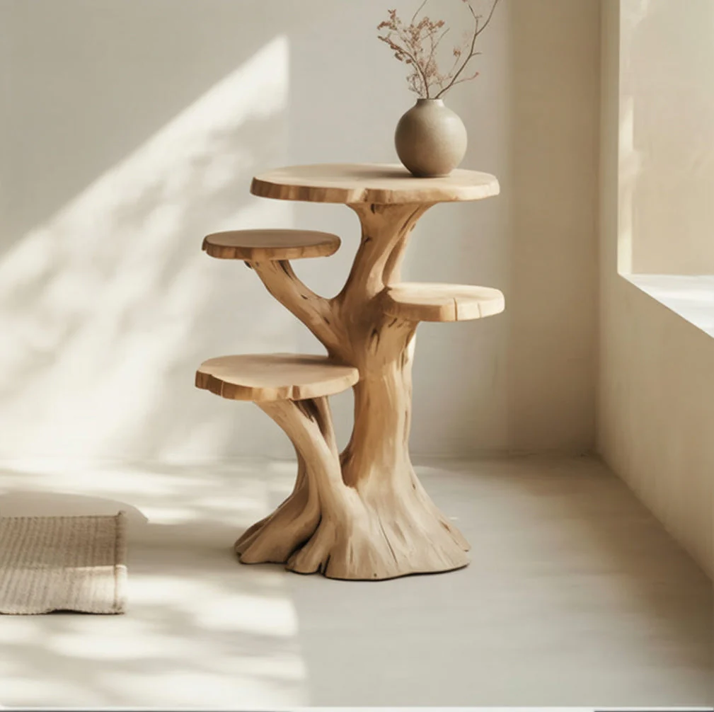Boomstam Houten Bijzettafel – Meerdere Niveaus Display- en Decoratiestandaard van Massief Hout