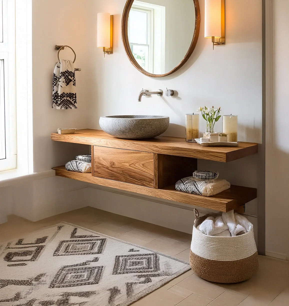 Zwevend Badkamermeubel van Massief Hout – Modern Minimalistisch Badkamermeubilair