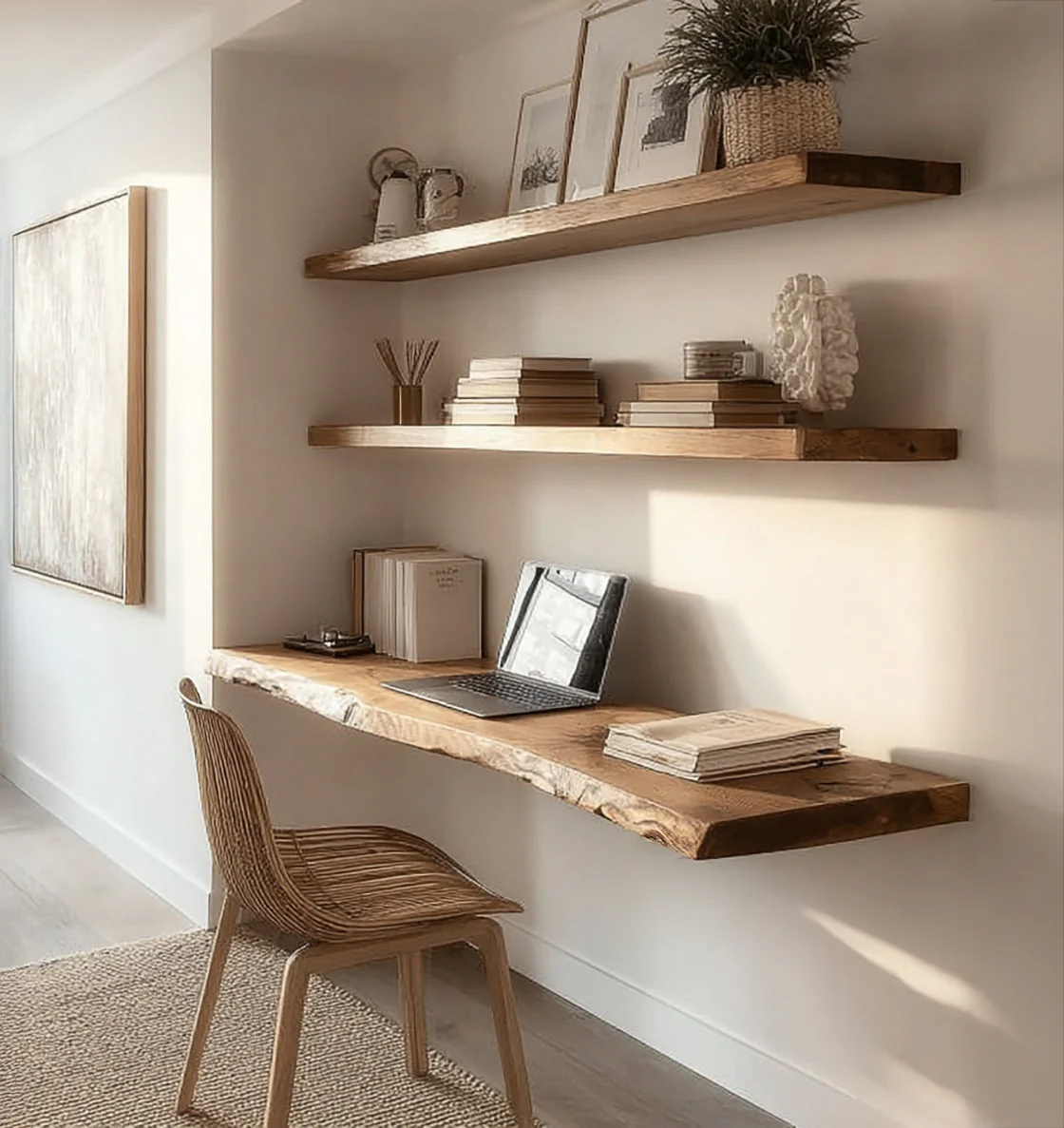 Handgemaakt Live Edge Zwevend Bureau – Rustieke Wandplank voor Thuis Kantoor