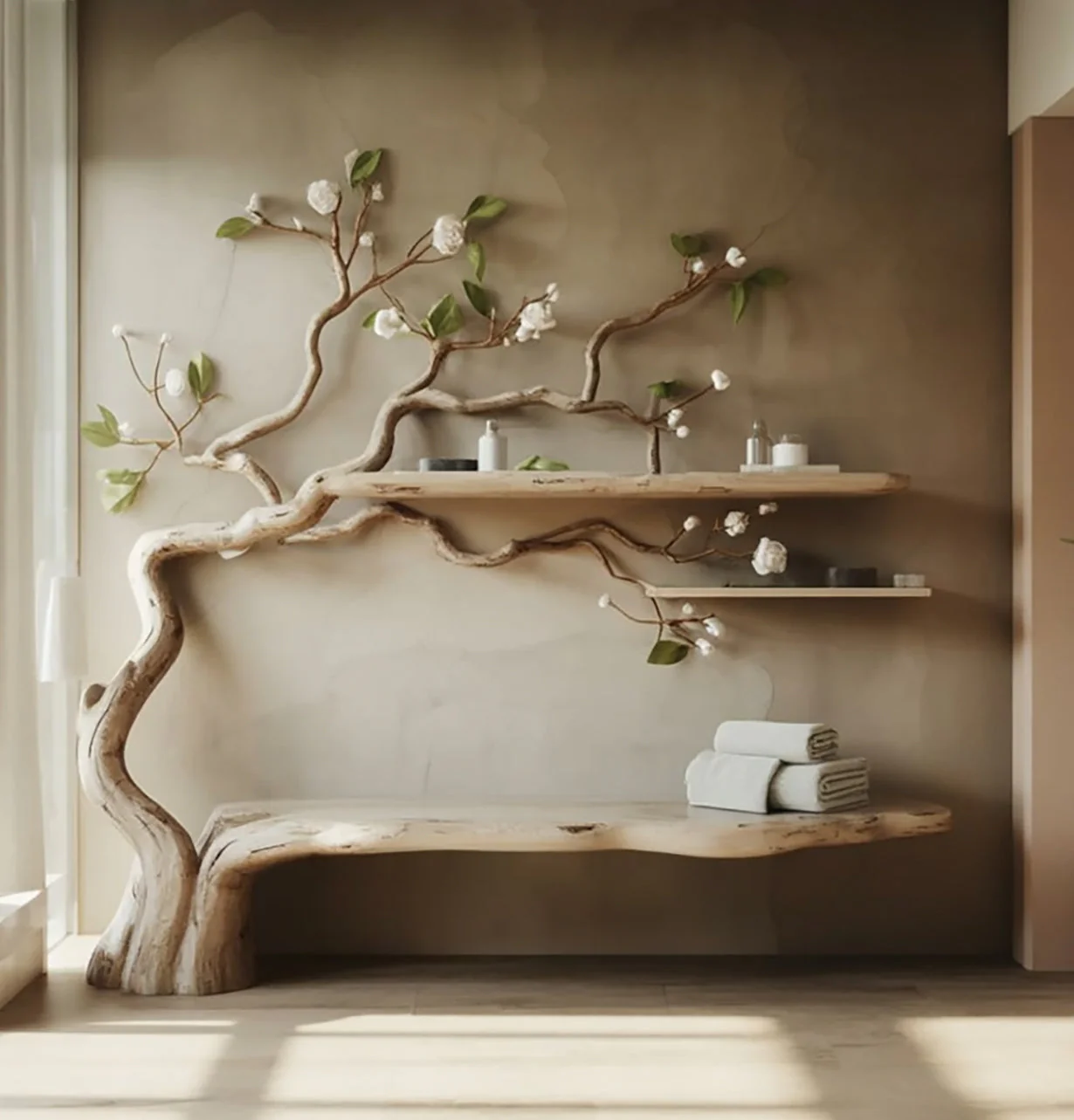 Handgemaakte Boom-geïnspireerde Wandplank & Bank – Natuurlijke Massief Houten Decoratieve Organizer