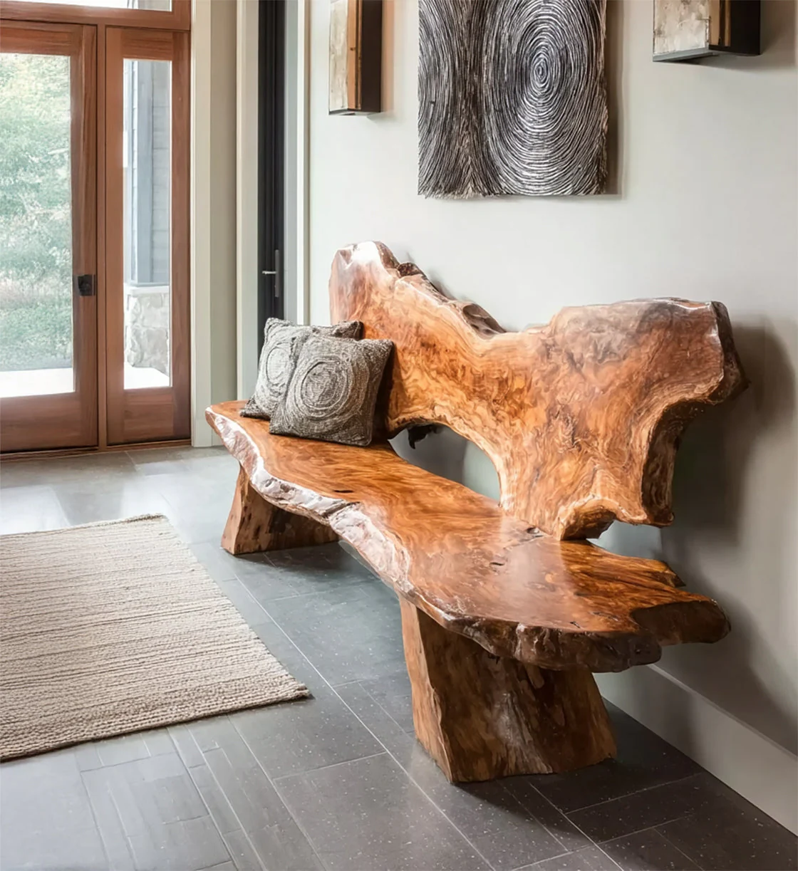Handgemaakt Live Edge Massief Houten Bankje – Natuurlijke Plank Zitbank met Rugleuning