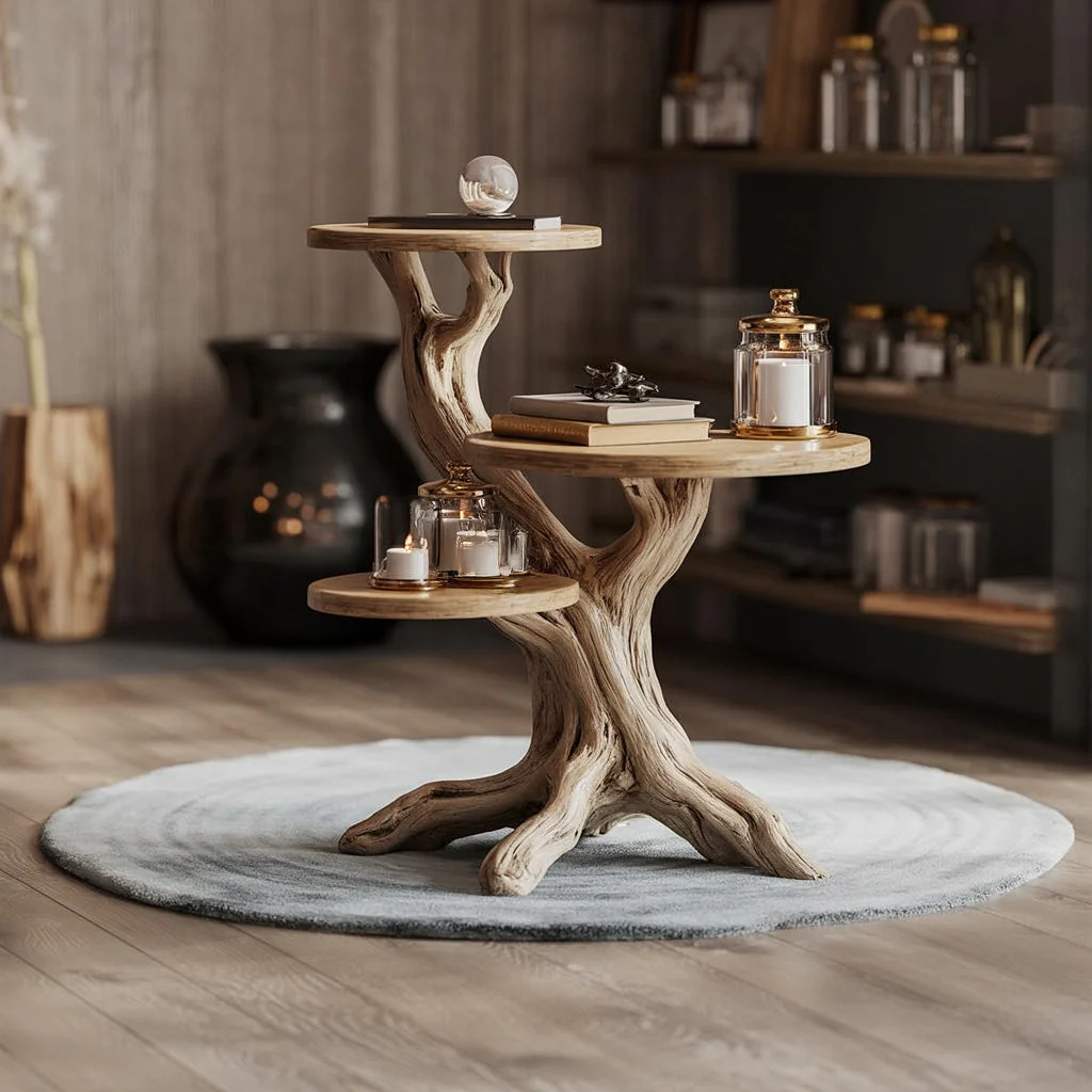 Handgemaakte Massief Houten Bijzettafel met Boom-Geïnspireerd Sculpturaal Design