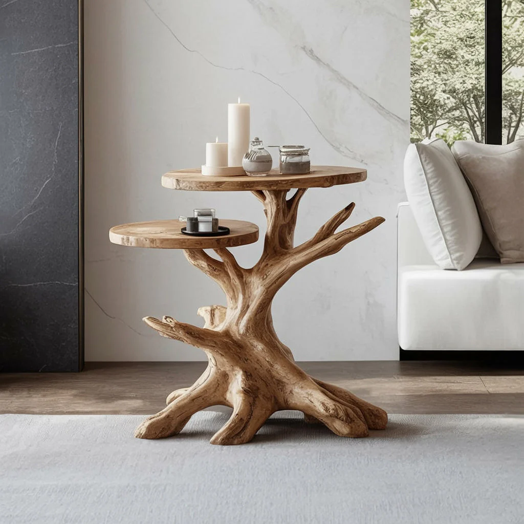 Handgemaakte Massief Houten Bijzettafel Met Boomvoet – Rustiek